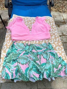 Pink Tropical Leaf Bikini Set with Matching Skirt